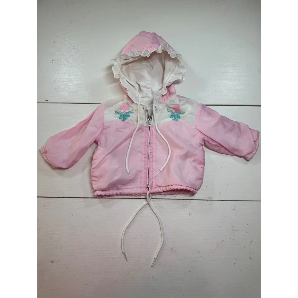 Vintage Pink Ruffle Hooded Windbreaker Jacket Floral Embroidery Baby Toddler